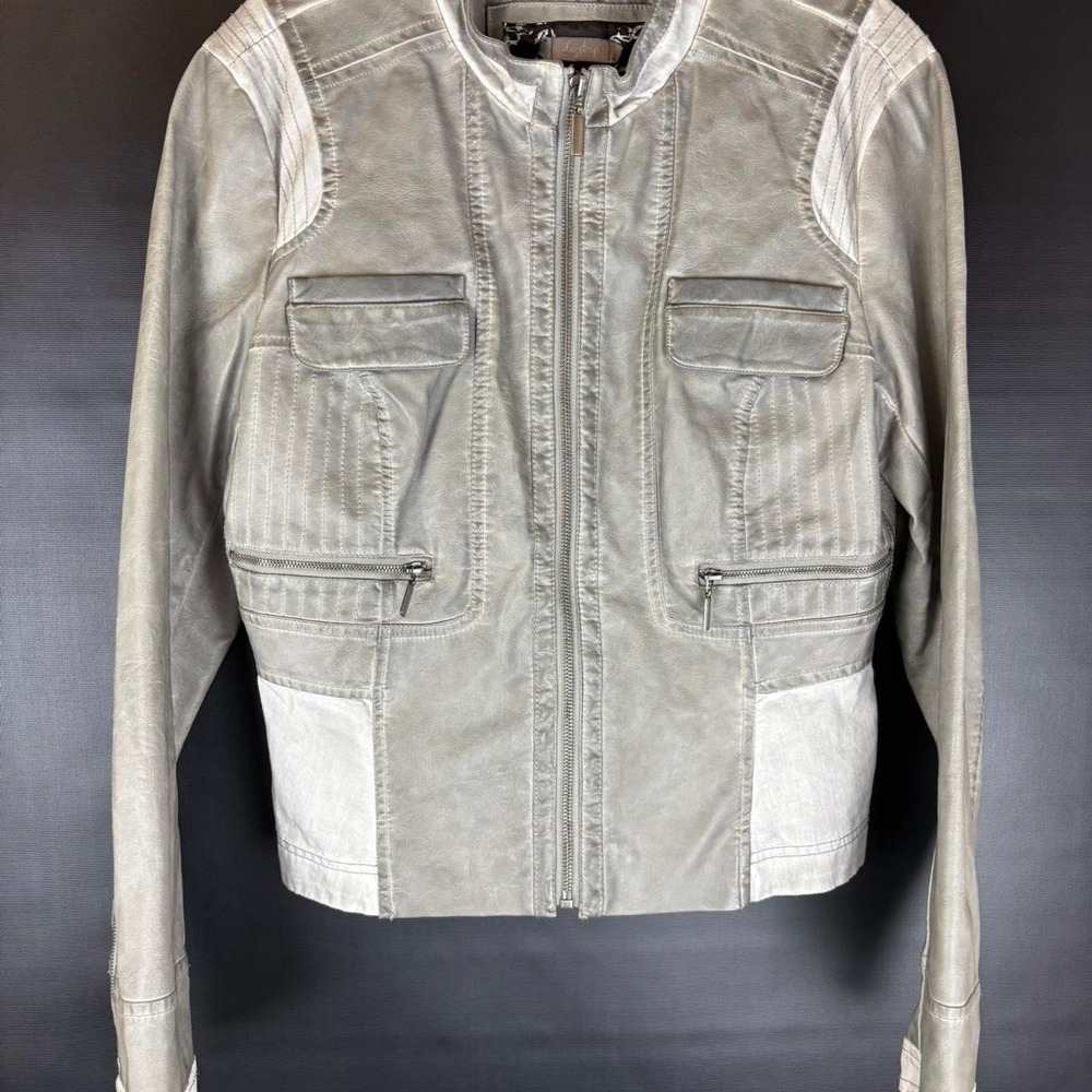 Womens Vintage daytime Gray leather jacket with white panel accents
